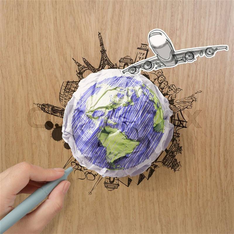 Hand drawn traveling around the world by air plane on wood background , stock photo