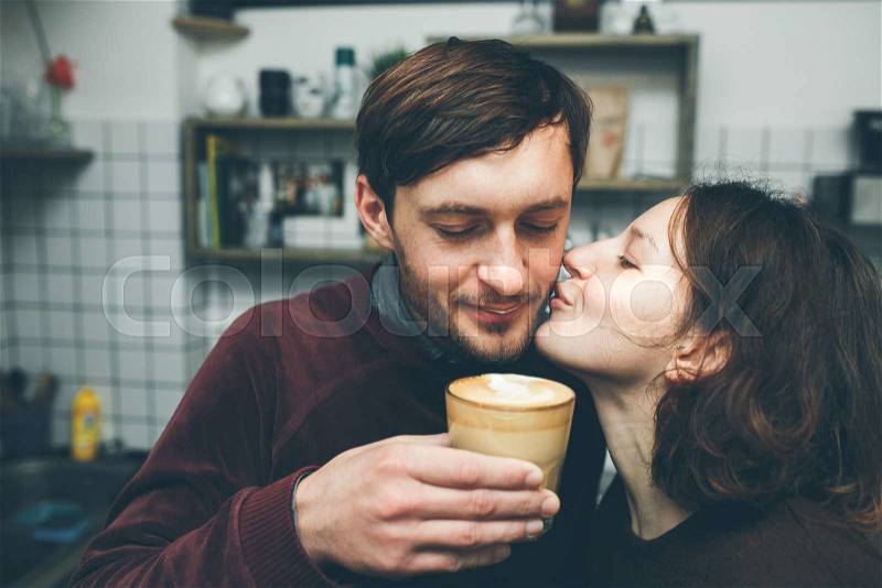 Vintage couple preparing coffee. in the coffee shop, stock photo