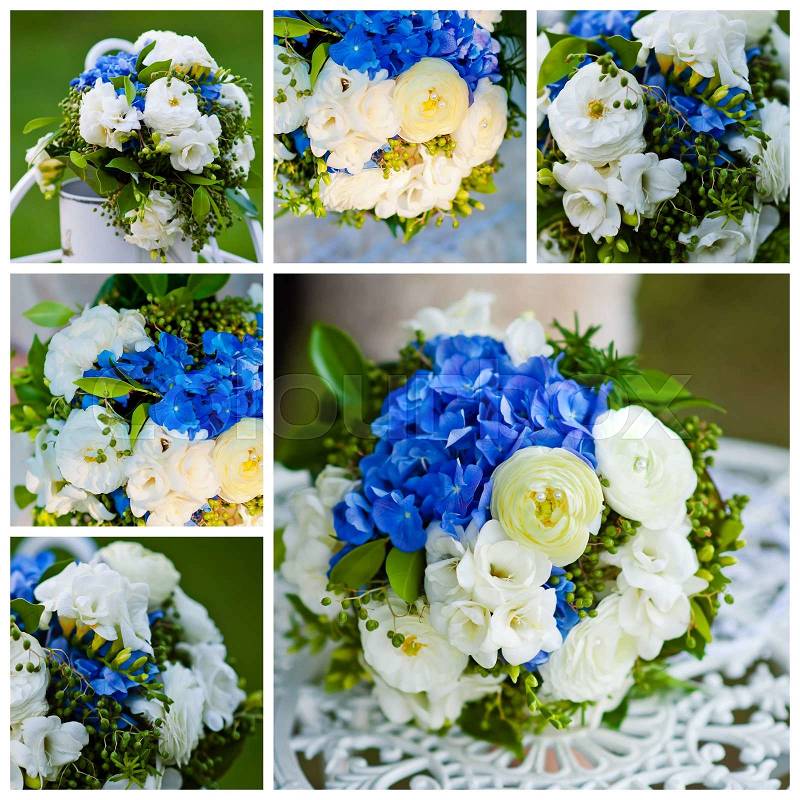 Collage of wedding bouquets in blue style, stock photo