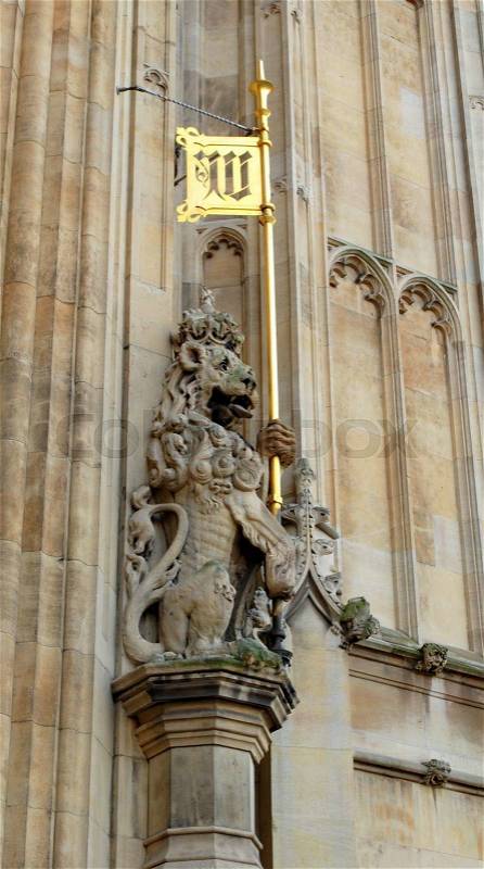 Royal Lion - Holding the Flag - London Parliament, stock photo