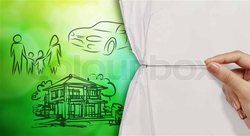 Hand open crumpled paper to show planning family future green nature background as concept, stock photo