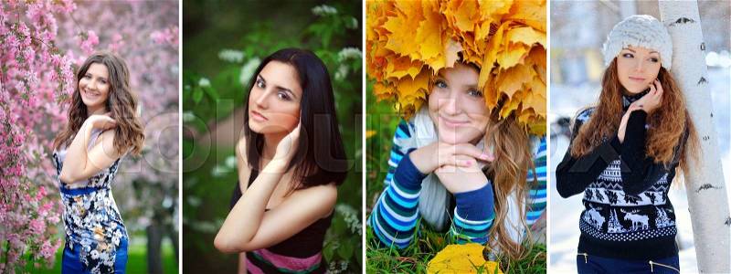 Collage girls seasons: summer, fall, winter, spring, stock photo