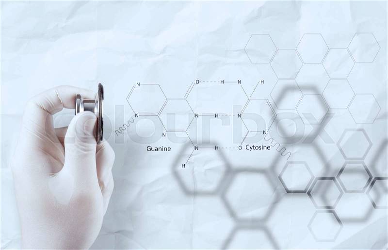 Doctor chemist hand showing chemical formulas on crumpled paper , stock photo