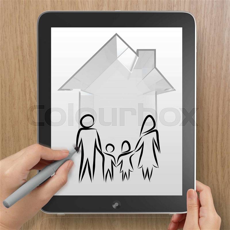 Hand drawing 3d house wtih family icon on tablet computer as insurance concept, stock photo