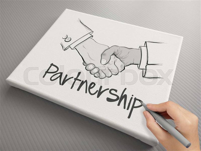 Hand drawn handshake sign on canvas board as partnership business concept, stock photo