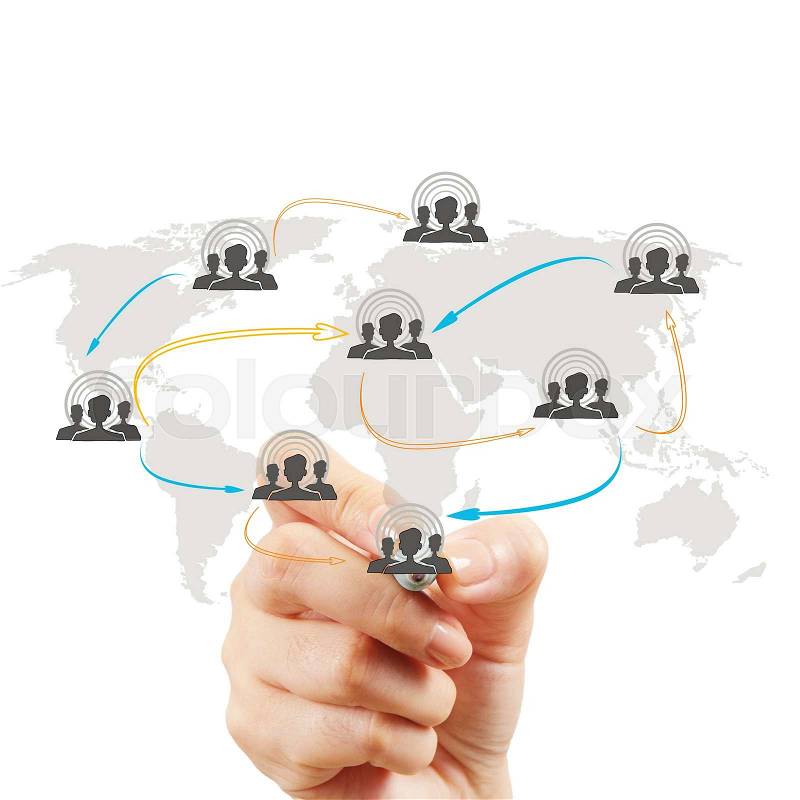 Close up of hand drawing social network diagram on screen as concept, stock photo