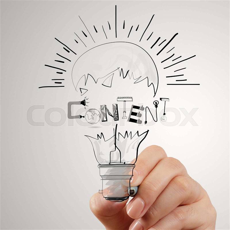 Hand drawing light bulb and CONTENT word design as concept, stock photo