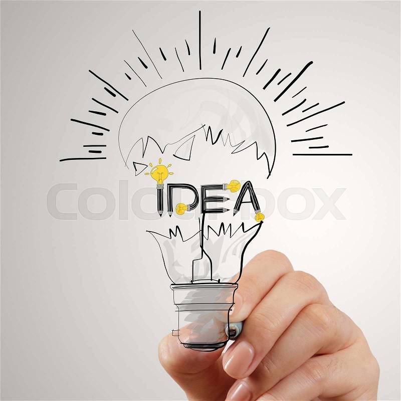 Hand drawing light bulb and IDEA word design as concept, stock photo