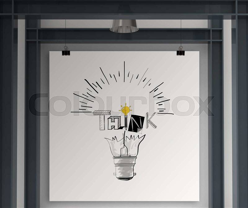 Holding poster show hand drawn light bulb and THINK word design as concept, stock photo