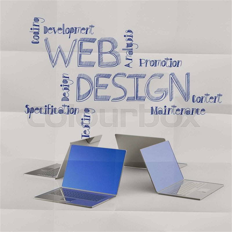 Laptop computer with hand drawn web design icons as concept, stock photo