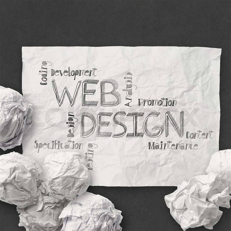 hand drawn web design diagram on crumpled paper background as concept, stock photo