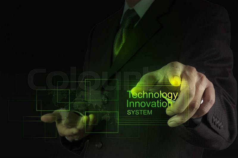 Businessman shows technology innovation system as concept, stock photo