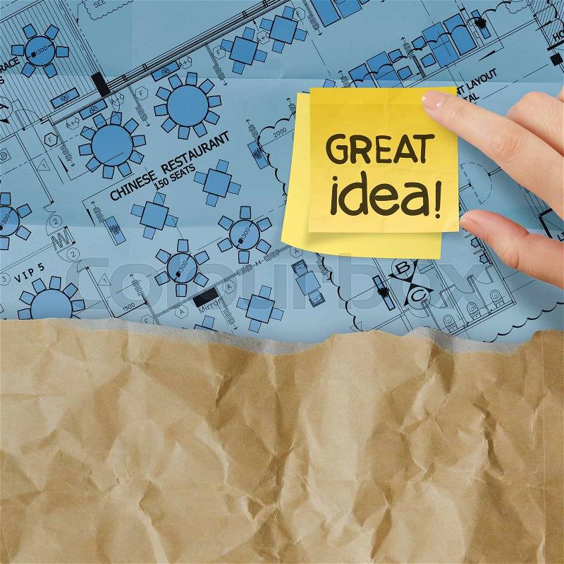 great job word with sticky note on construction site and layout plan crumpled paper recycle envelope, stock photo