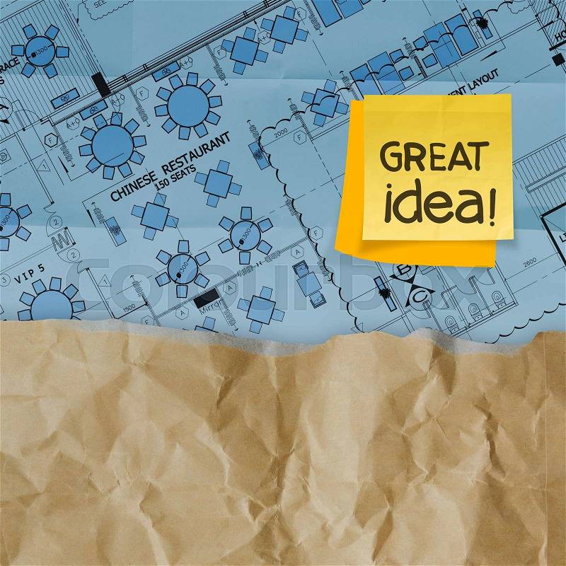 great job word with sticky note on construction site and layout plan crumpled paper recycle envelope, stock photo