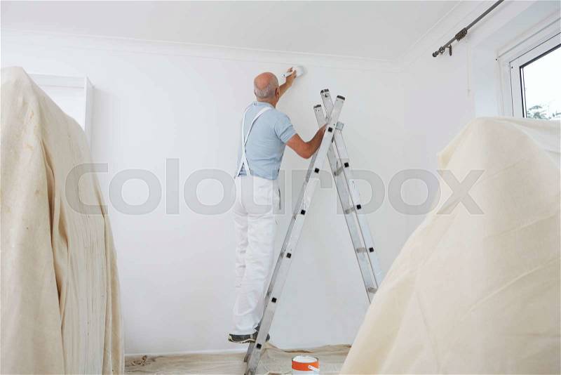 Man On Ladder Decorating Domestic Room With Paint Brush, stock photo