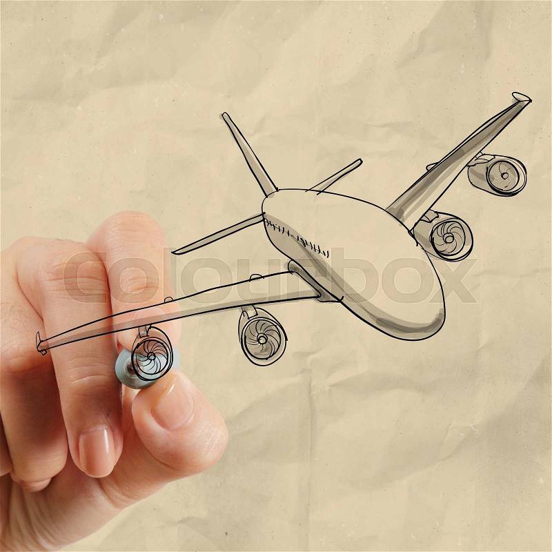Hand drawing airplane with crumpled paper background as concept, stock photo