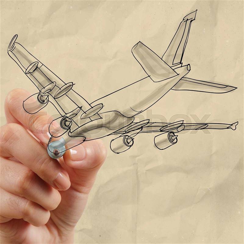 Hand drawing airplane with crumpled paper background as concept, stock photo