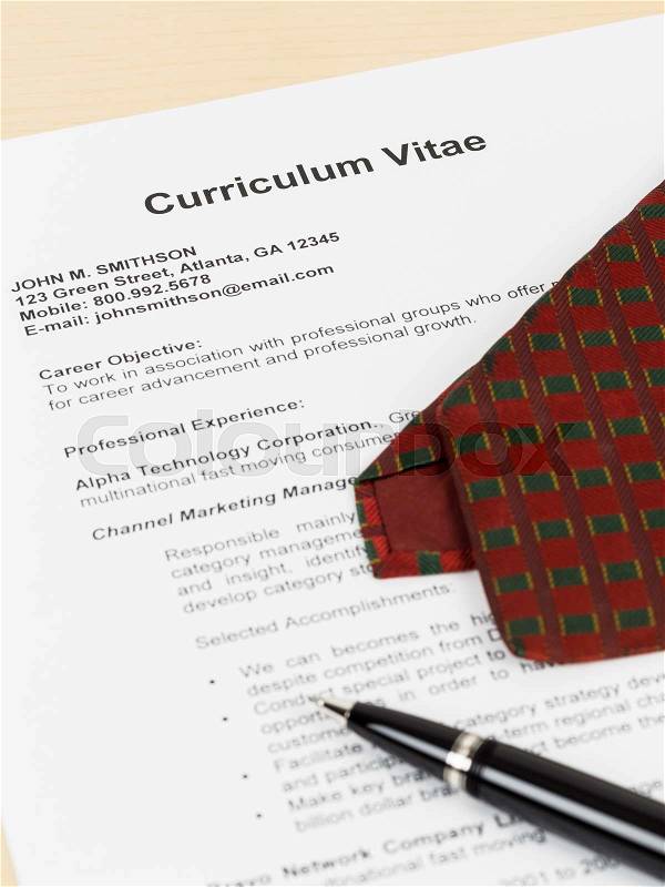 Curriculum vitae or CV with pen, and neck tie; concept job applying; document is mock-up, stock photo