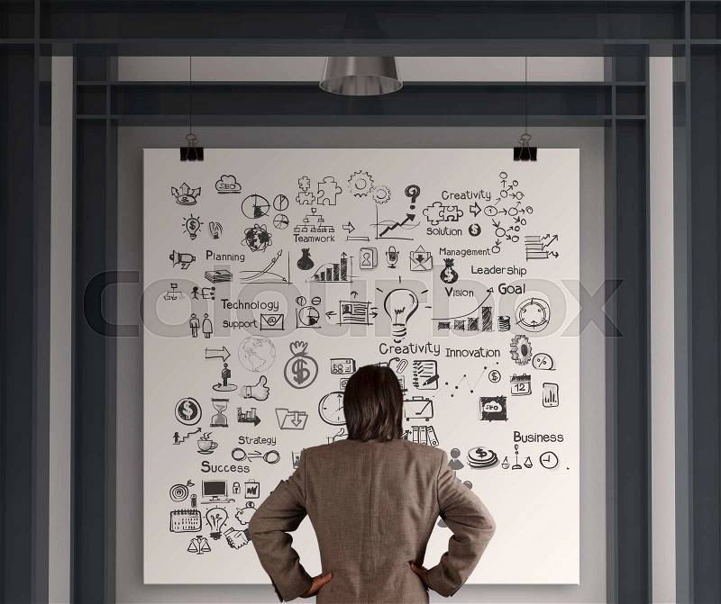 Businessman looking business concept on poster with composition wall, stock photo