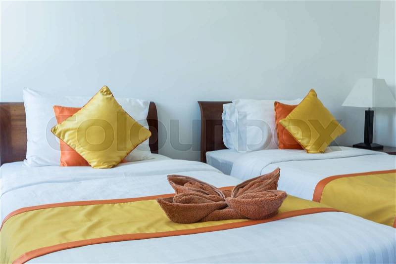 Luxury modern hotel room, Phuket, Thailand. Focus on towel, stock photo