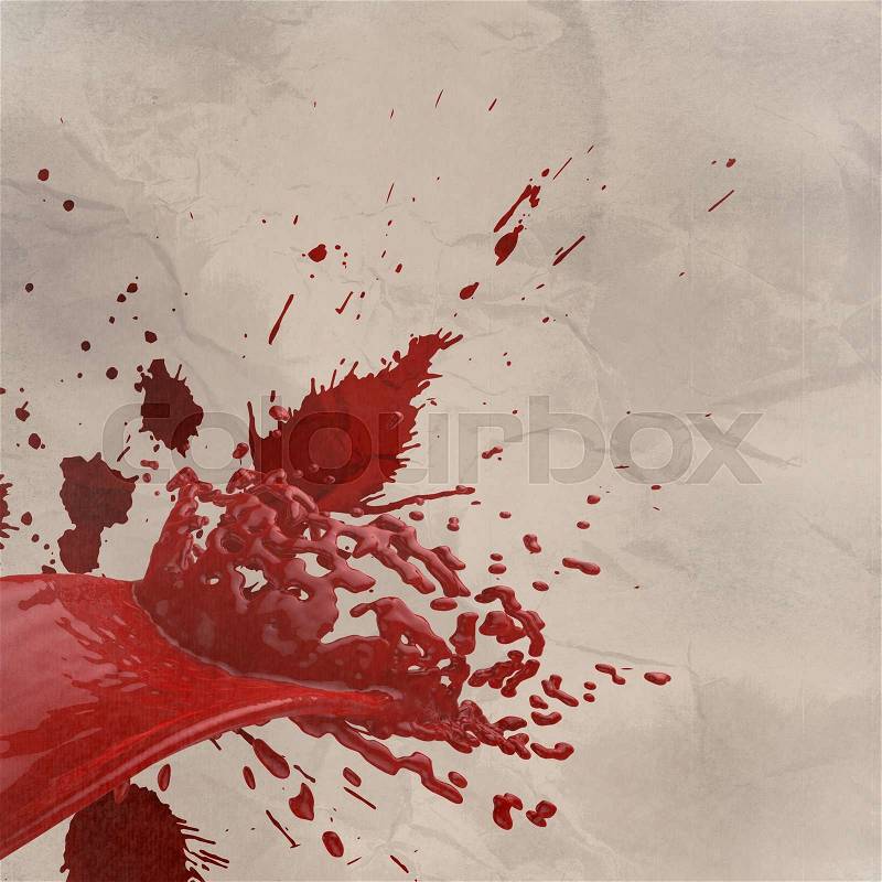 3D paint red color splash isolated on wrinkled paper background, stock photo