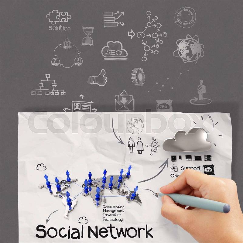 Hand drawing diagram of social network structure as concept, stock photo
