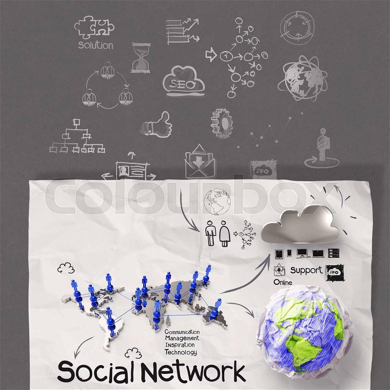 Hand drawing diagram of social network structure as concept, stock photo