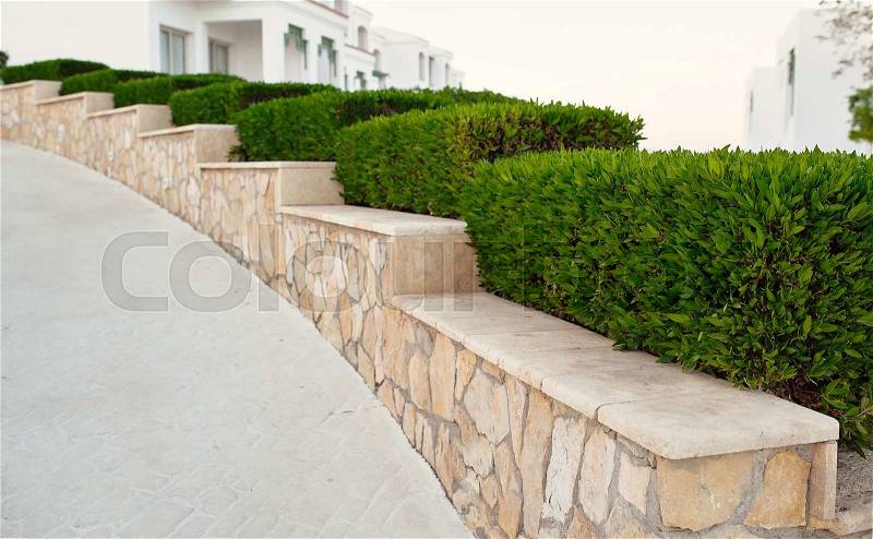 Landscape design. Nicely trimmed bushes at the front yard. Empty street and great quiet neighborhood, stock photo