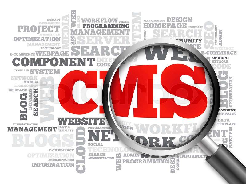 CMS Content Management System word cloud with magnifying glass, concept, stock photo