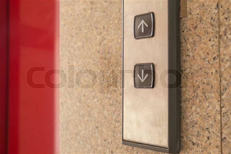Passenger lift mechanism and control buttons of hotel, stock photo