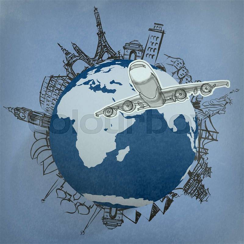 Airplane traveling around the world as vintage styleconcept, stock photo