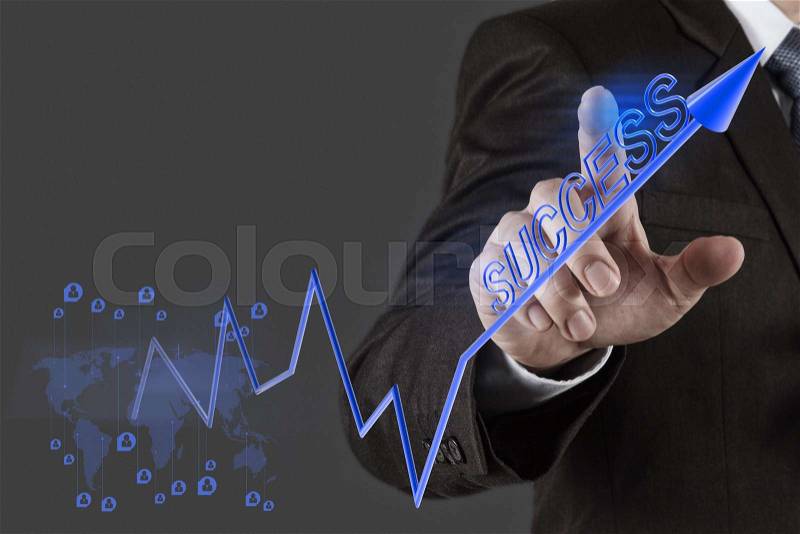 Businessman hand draws business success chart concept on virtual screen, stock photo