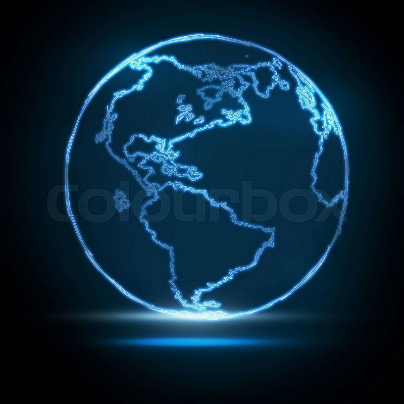 Abstract Glowing World Map on black background, stock photo