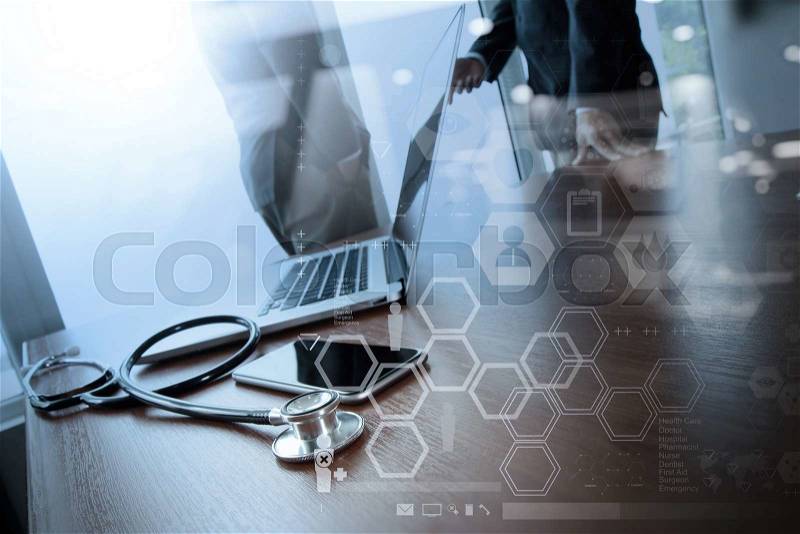 Double exposure of team doctor working with laptop computer in medical workspace office and medical network media diagram as concept, stock photo