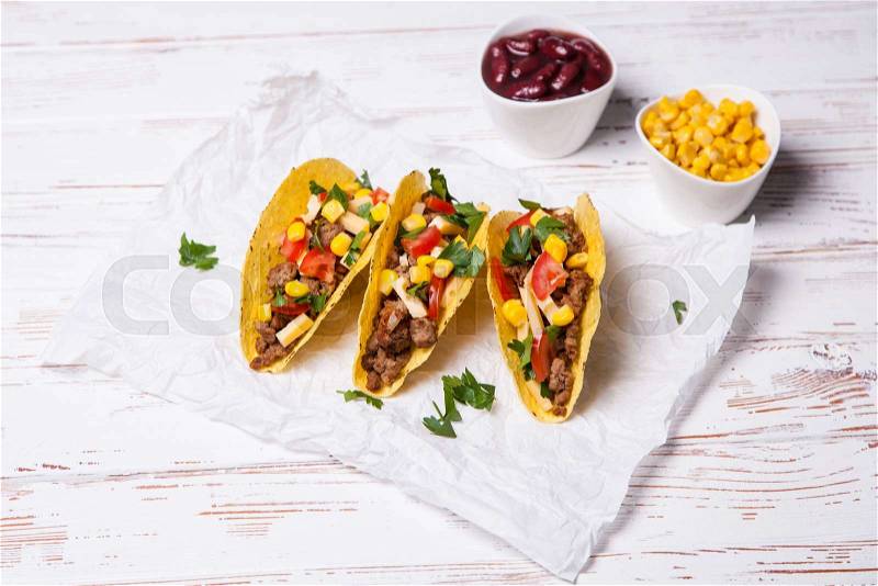 Mexican food - delicious tacos with ground beef, stock photo