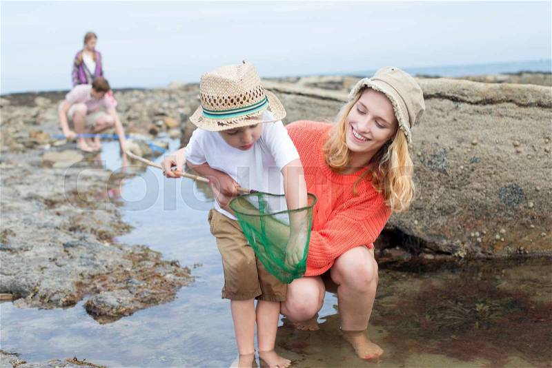 Young family searching for crabs among the rocks at the seaside. The young boy is reaching into his net for a crab and his mother is looking at him and smiling, stock photo