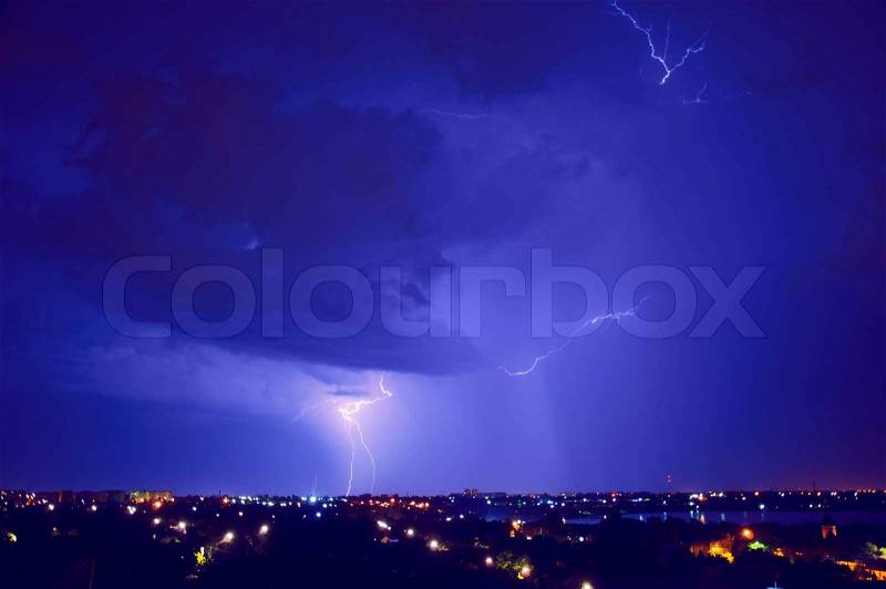 Perfect thunderstorm and perfect Lightning over city, stock photo