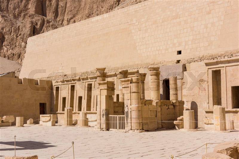 The temple of Hatshepsut near Luxor in Egypt. Statues of Queen Hatshepsut as Osiris, the god of the dead, at her temple in Luxor, stock photo