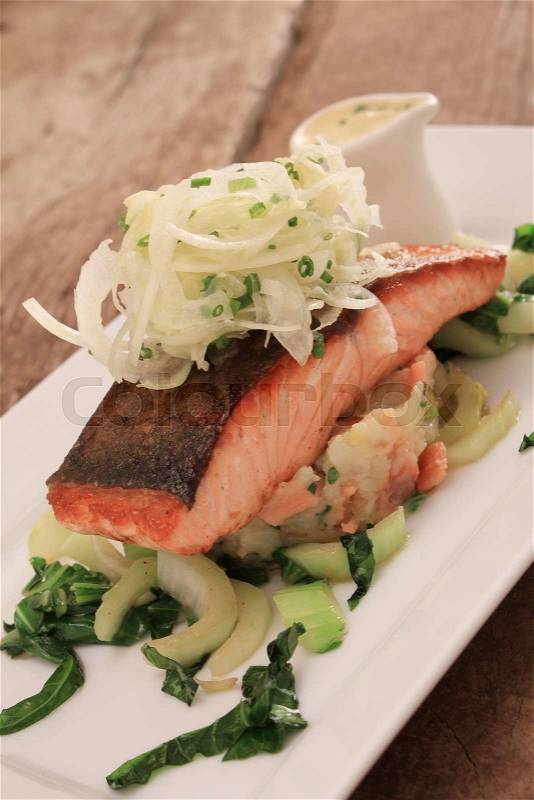 Healthy salmon dinner, stock photo