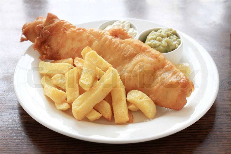Traditional fish and chip supper dinner, stock photo