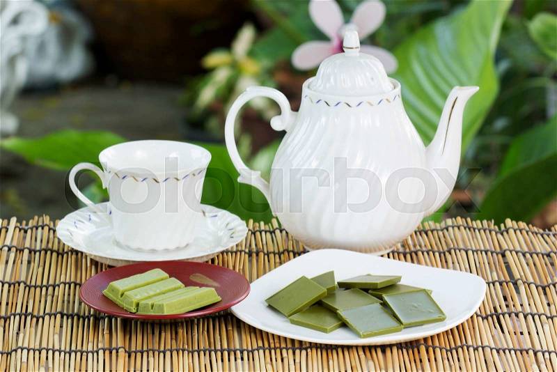 Group of product Matcha green tea chocolate with tea pot, stock photo