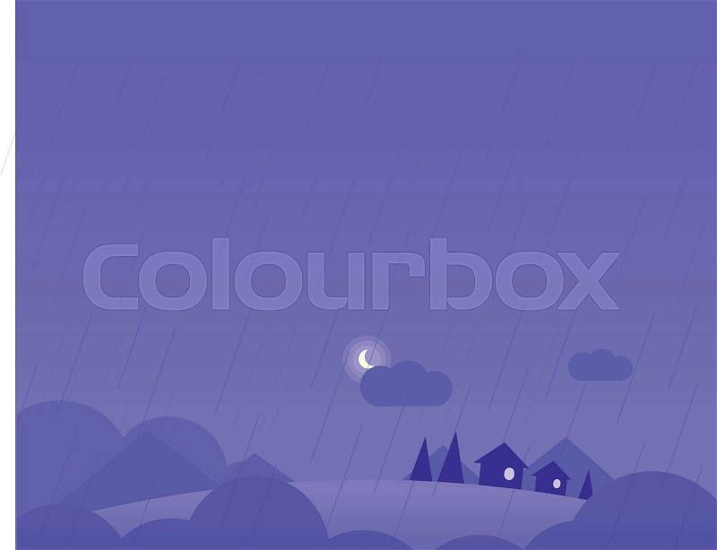 Wallpaper Landscape with Village Houses, Hills and Moon in Rainy Weather, Beautiful Vector Illustration, vector
