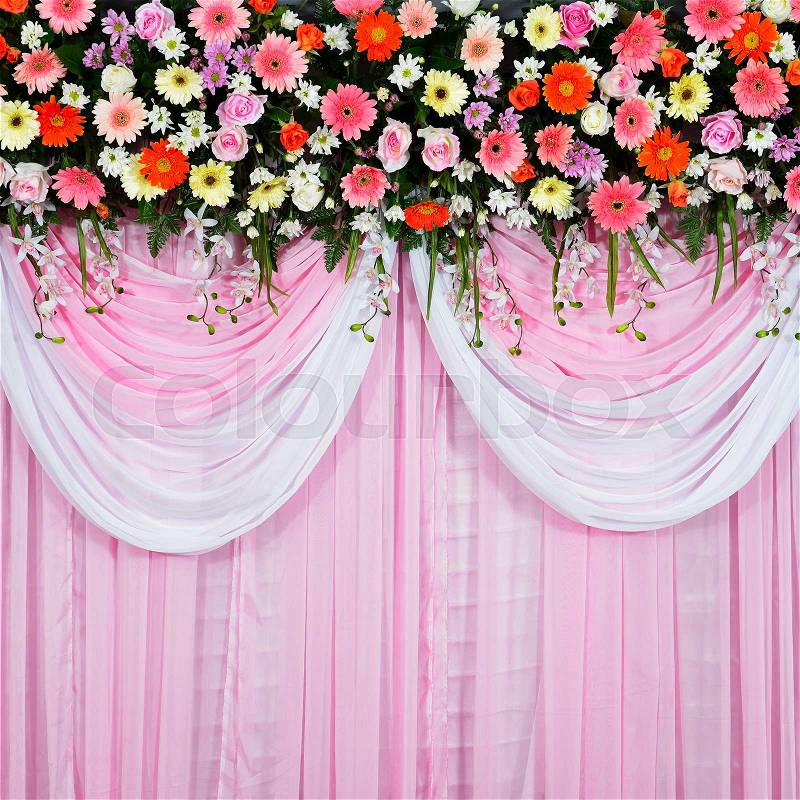 Wedding scene, beautiful background made from fabric and flowers decoration in wedding ceremony, stock photo
