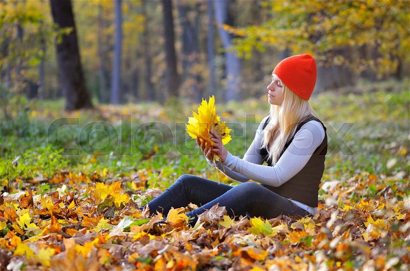 Blonde girl in the autumn park gathers a bouquet of maple leaves, stock photo