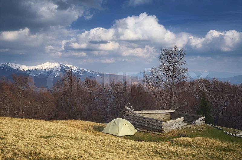 Spring landscape with the beautiful sky. Camping in the mountains. Carpathians, Ukraine, Europe, stock photo