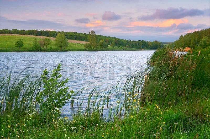 Summer landscape pond. Evening with beautiful clouds, stock photo