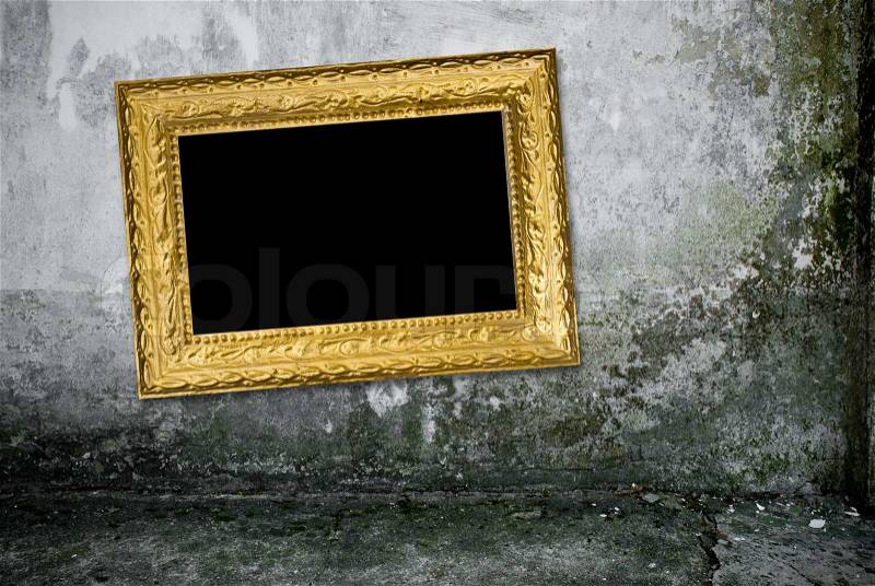 Grunge interiorl with vintage gold frame, stock photo