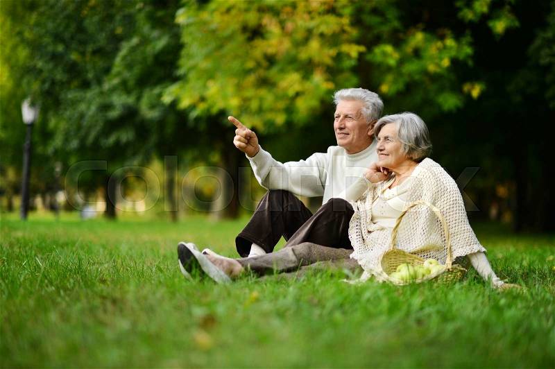 Beautiful caucasian elderly couple in the park in autumn, stock photo