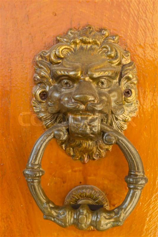 Decorative door knocker in the form of a lion\'s head with a ring in his mouth, stock photo
