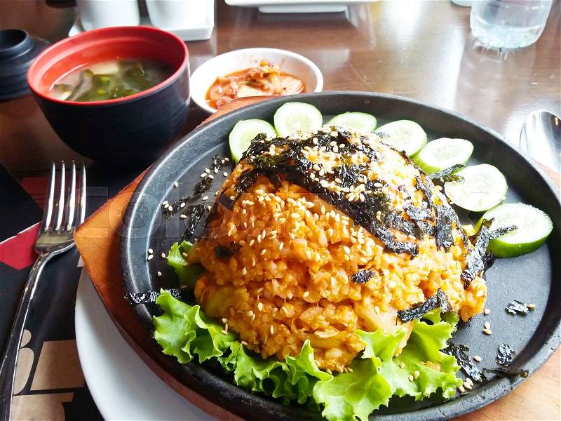Korean food, Kimchi fried rice with soap, stock photo